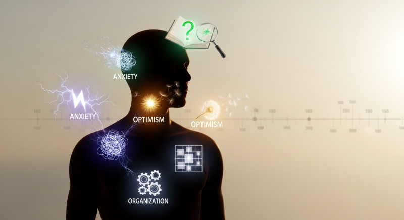Conceptual image showing human personality traits and a life path symbolizing the connection between emotions, behavior, and longevity.